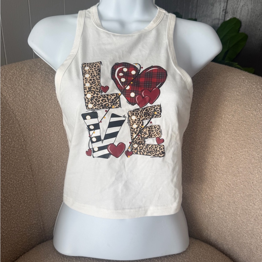 SHEIN Kids Love Graphic Tank Top - White and Red